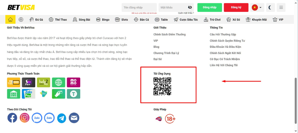 Tải app Betvisa 2 Mã QR tải app có sẵn ở cuối trang chủ Betvisa